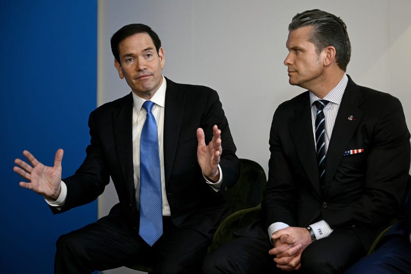 FILE - Secretary of State Marco Rubio, left, speaks next to Defense Secretary Pete Hegseth during a meeting between U.S. President Donald Trump with NATO Secretary General Mark Rutte at the NATO summit of heads of state and government in The Hague, Netherlands, June 25, 2025.