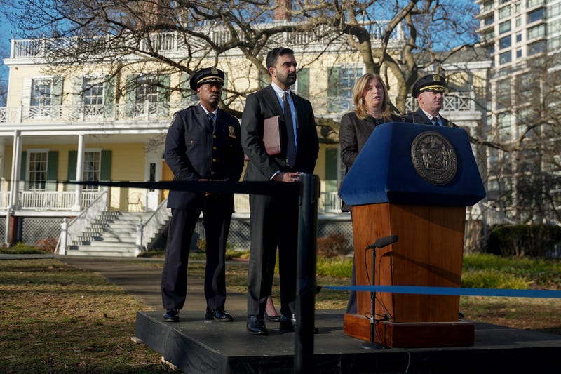 NYPD commissioner Jessica Tisch speaks during a news conference with New York Mayor Zohran Mamdani at Gracie Mansion, Monday, March 9, 2026, in New York