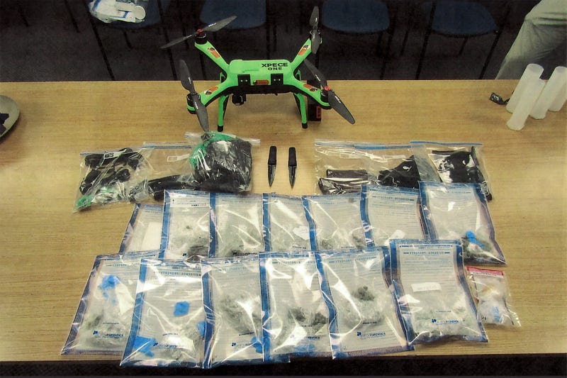 This photo provided by the New York State Department of Correction and Community Supervision shows contraband and the drone that was used to deliver them displayed at Marcy Correctional Facility, Saturday, March 14, 2026, in Marcy, N.Y.