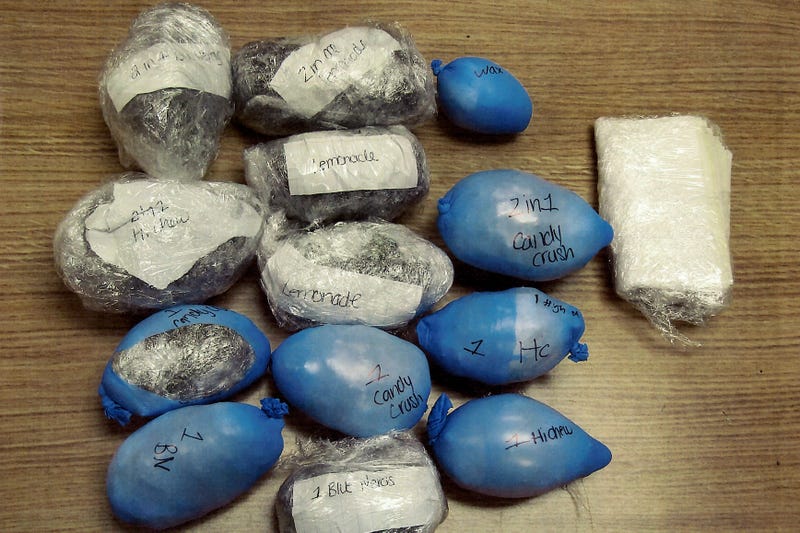 This photo provided by the New York State Department of Correction and Community Supervision shows balloons filled with contraband sit on display at Marcy Correctional Facility, Saturday, March 14, 2026, in Marcy, N.Y