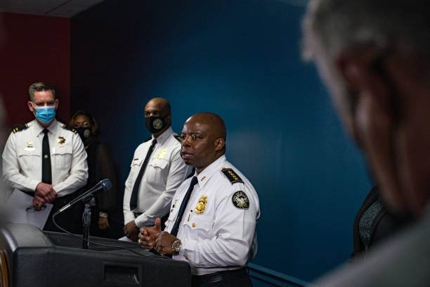 ATLANTA, GA - MARCH 17: Chief Rodney Bryant, of the Atlanta Police Department, speaks at a press conference on March 17, 2021 in Atlanta, Georgia. Suspect Robert Aaron Long, 21, was arrested after a series of shootings at three Atlanta-area spas left eight people dead on Tuesday night, including six Asian women. (Photo by Megan Varner/Getty Images)