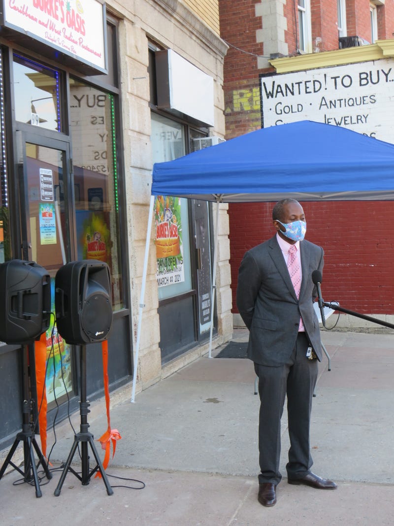 Archbishop Dexter Burke of Hartford's Walk in the Light Church of God at the grand opening of his family's restaurant, Burke's Oasis, March, 2021.
