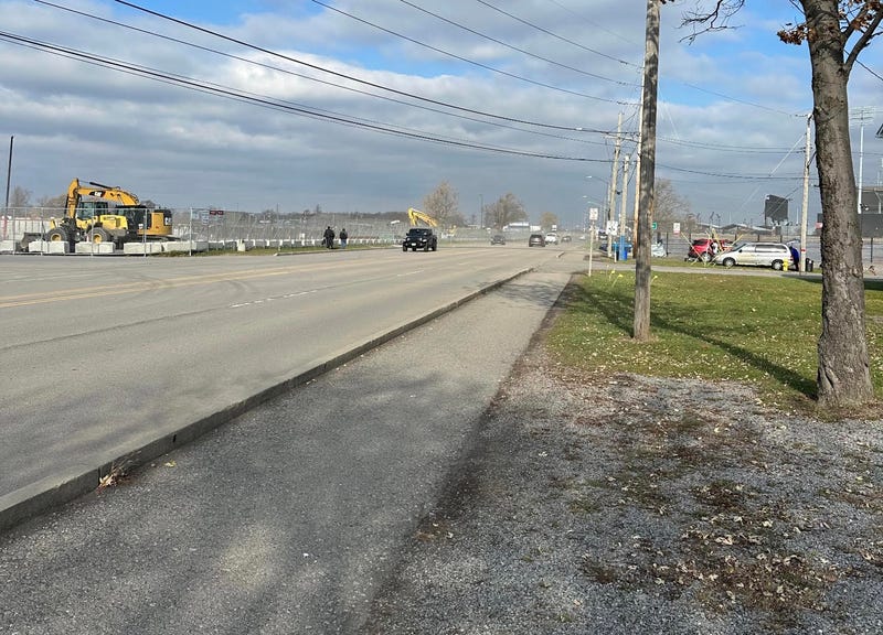 Abbott Rd, looking north, with current stadium on right and new stadium on left