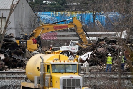 Feb 20, 2023; East Palestine, Ohio, USA; Workers clean up the wreckage of the Norfolk Southern train derailment in East Palestine.