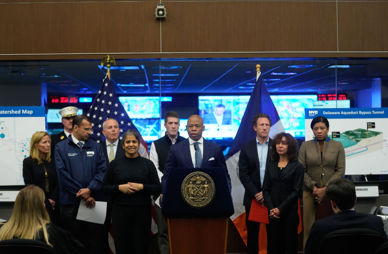 City officials hold a press conference as dry conditions in New York City escalate the drought watch to a drought warning, the second stage in a drought emergency.