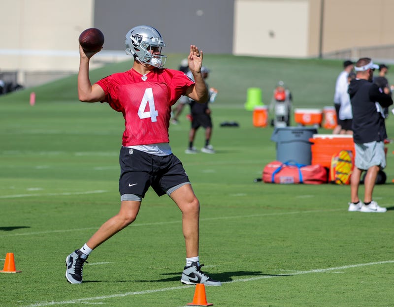 Quarterback Aidan O'Connell #4 of the Las Vegas Raiders throws during the first practice of the team's training camp at the Las Vegas Raiders Headquarters/Intermountain Healthcare Performance Center on July 26, 2023 in Henderson, Nevada.