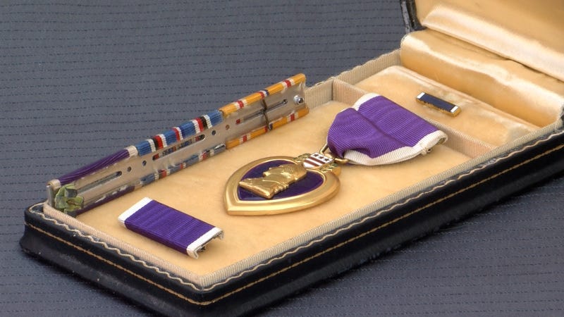 This Purple Heart medal was awarded to Marine Corps Private First-Class Charles John Alexander for his service in World War II.