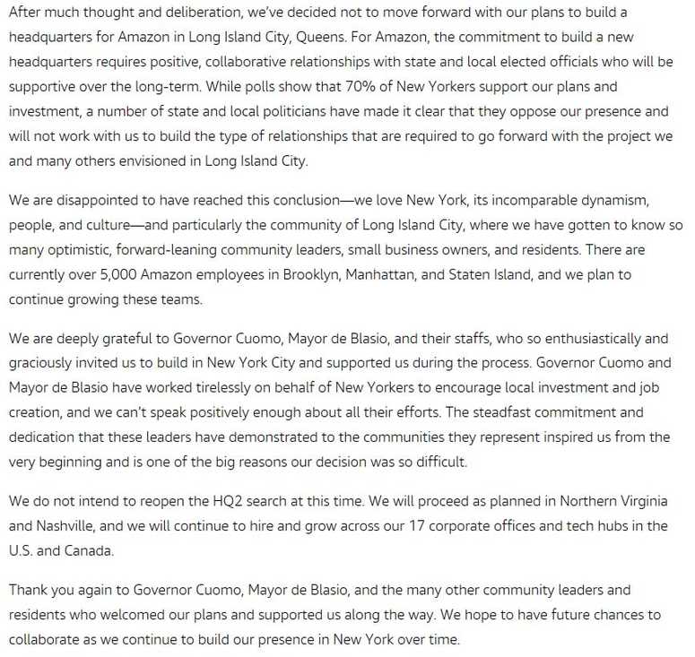 Amazon statement pulling out of New York deal