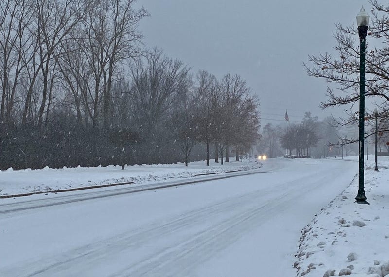 Snow on American Drive in Southfield, late Tuesday morning.