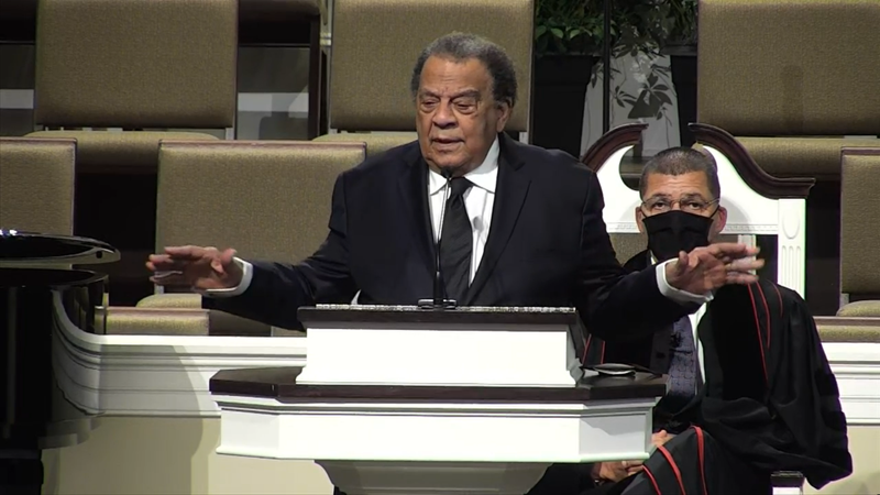 Former Atlanta Mayor and Ambassador Andrew Young speaks during funeral for Hank Aaron