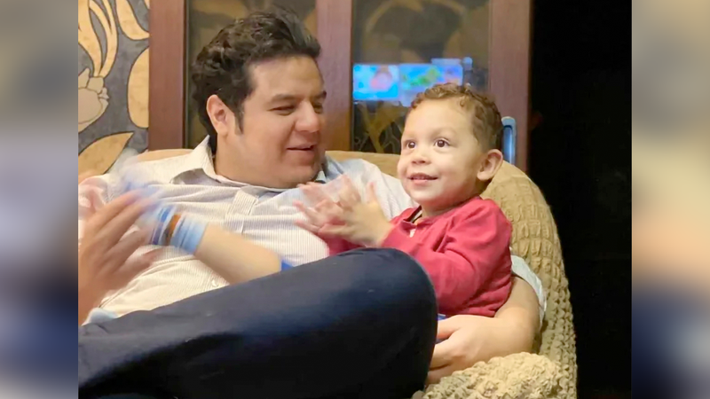 This photo provided by Angel Quintana shows Cesar Quintana and Cesar's son Alexander Quintana. Quintana said he is trying to get his son out of Ukraine, where he was taken by his mother in 2020 without his permission. A legal hearing was supposed to take place in March 2022, but since the Russian incursion it's unclear now how Quintana can get the boy out of the country and returned to Southern California.