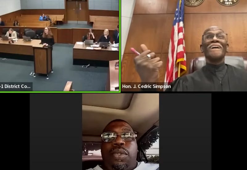 Screenshot of Corey Harris's Zoom hearing with Judge Cedric Simpson