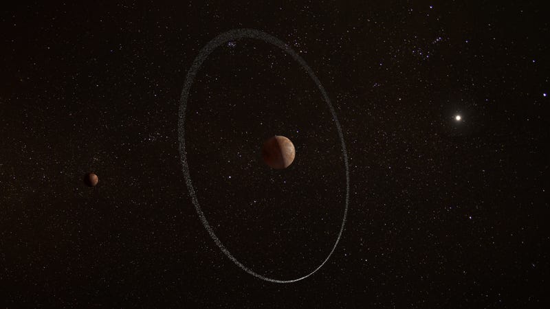 An artist’s impression of the dwarf planet Quaoar and its ring. 