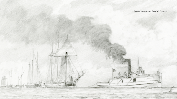 ARTWORK OF SATELLITE TOWING OTHER VESSELS (COURTESY OF BOB MCGREEVY)