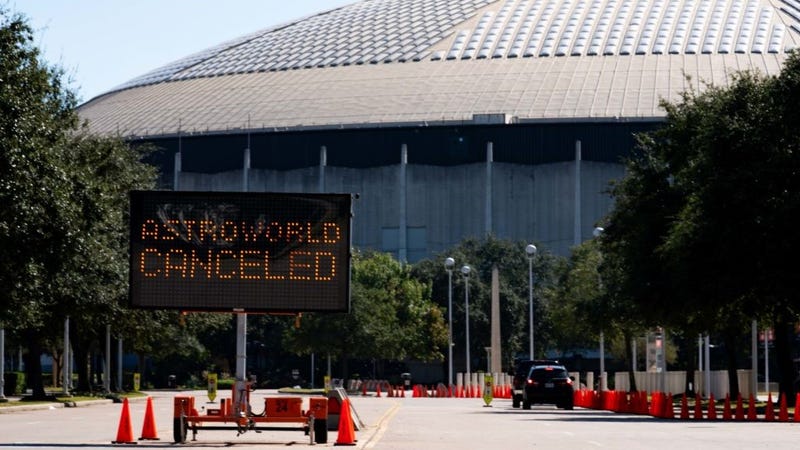 A street sign showing the cancellation of the AstroWorld Festival at NRG Park on November 6, 2021 in Houston, Texas. According to authorities, eight people died and 17 people were transported to local hospitals after what they describe as a crowd surge at the Astroworld festival, a music festival started by Houston-native rapper and musician Travis Scott in 2018.