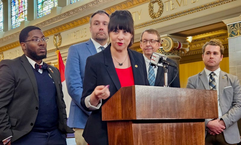 Missouri House Democratic Leader Ashley Aune of Kansas City makes a point Thursday during a news conference with other Democratic lawmakers