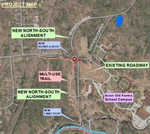 Map of the voter-approved Old Farms Rd. Phase I project in Avon, which includes a much-debated roundabout at Scoville Rd.