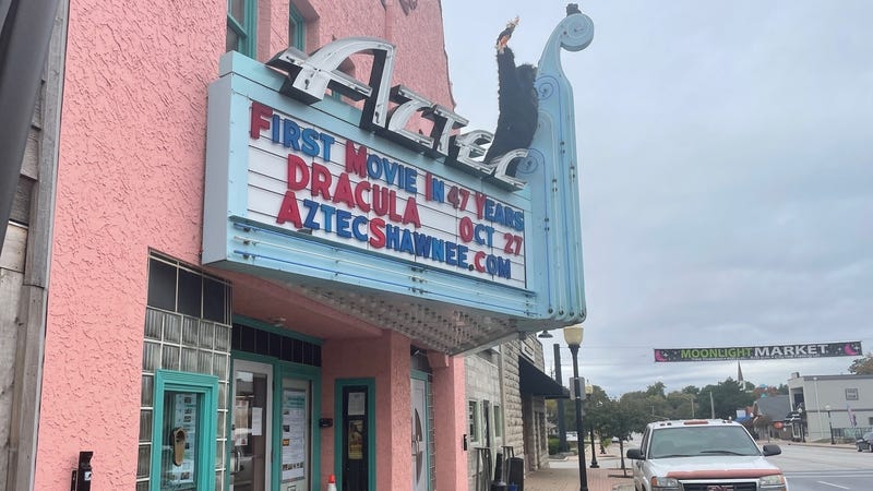 The exterior marquee of the Aztec Theater in Shawnee, Kansas