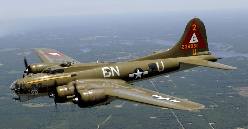 The B-17 Flying Fortress, with three machine gun turrets below the flight deck and above