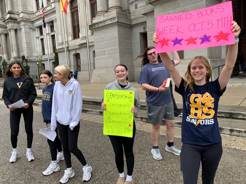 Students from George Washington High School rally outside City Hall Wednesday, Oct. 8, 2025.