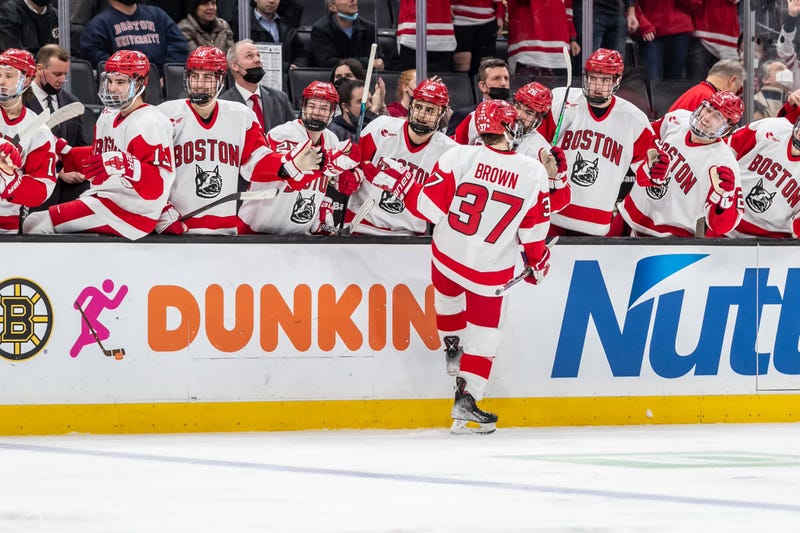 Boston University forward Matt Brown celebrates a goal