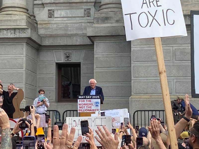 U.S. Senator Bernie Sanders speaks at Philadelphia City Hall on Thursday, May 1, 2025.