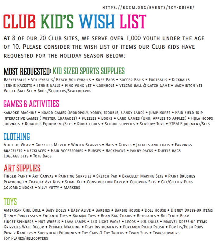 Boys & Girls Clubs of Greater Memphis Wish List (Kids) 2023