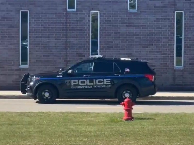 Bloomfield Township police car outside Bloomfield Hills High School during lockdown