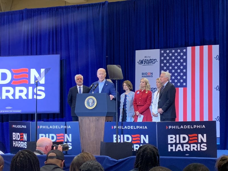 President Joe Biden speaking to the crowd at the Martin Luther King Jr. Recreation Center.