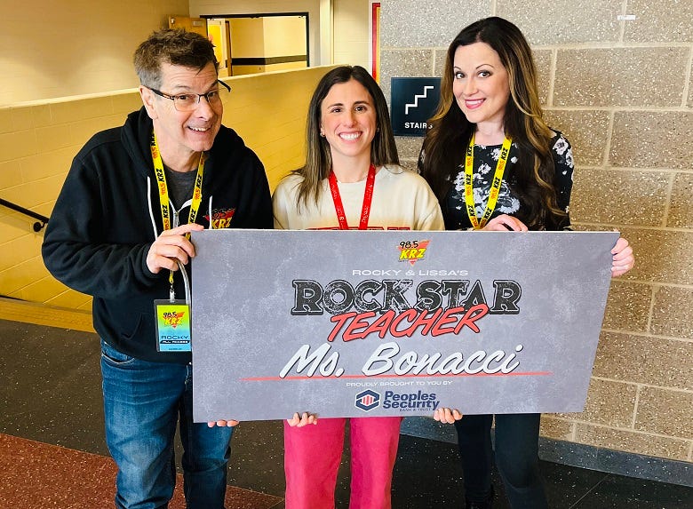 Rocky & Lissa with Rockstar Teacher winner Ms. Bonacci 