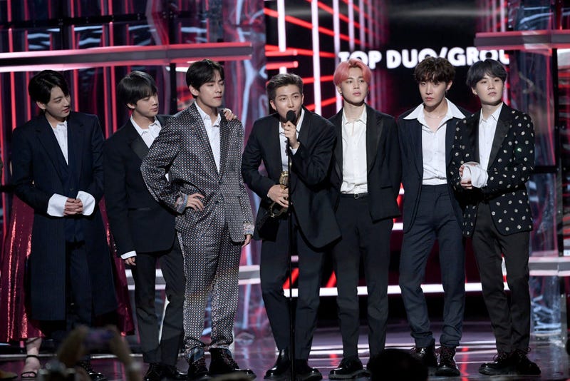 Jimin, Jungkook, J-Hope, Suga, Jin, RM, and V of BTS accept the Top Duo/Group award onstage during the 2019 Billboard Music Awards at MGM Grand Garden Arena on May 01, 2019 in Las Vegas, Nevada