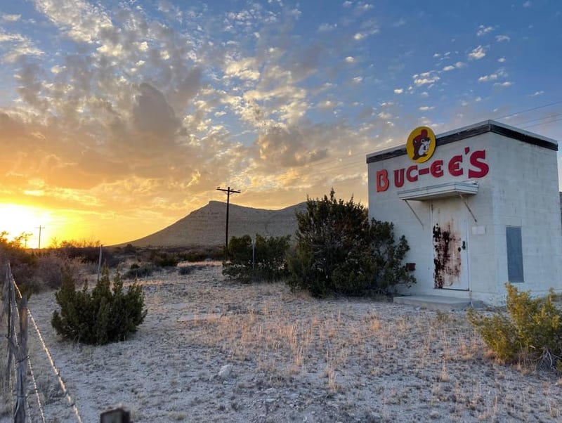 A Buc-ee's sign atop a small structure in Brewster County, Texas.