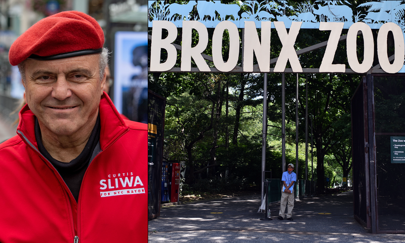 Curtis Sliwa (left). The entrance to the Bronx Zoo (right)