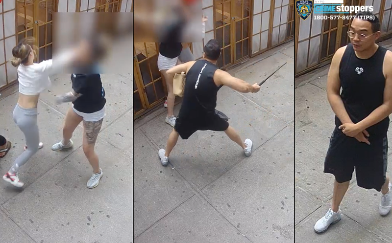 Chaotic video shows two women fighting on a sidewalk outside a Flushing tattoo shop before a man shows up with an expandable baton and enters the fray