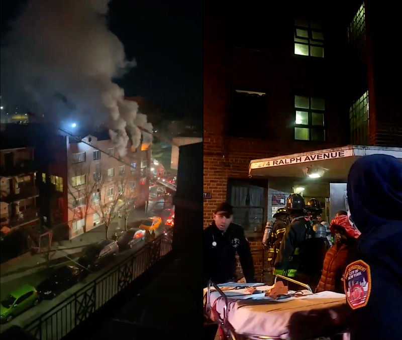 The fire in Queens (left) and FDNY members at the fire in Brooklyn (right)