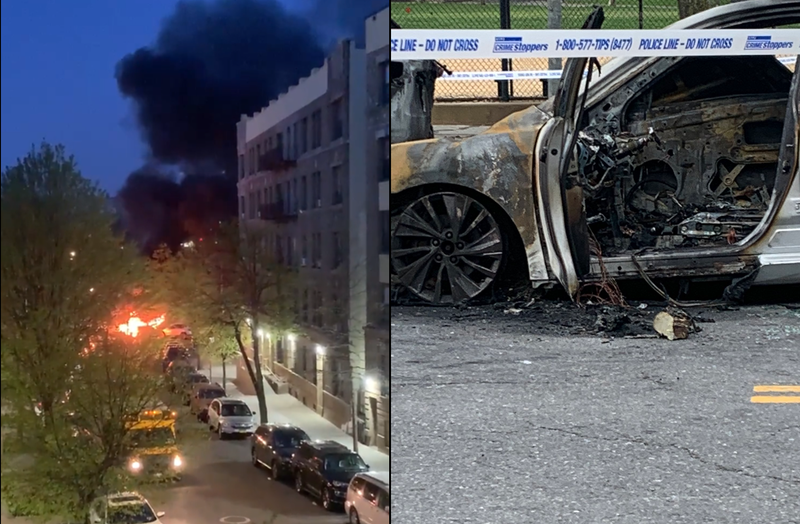 Thick smoke rose over the neighborhood as the Toyota Camry was engulfed in flames before dawn Monday