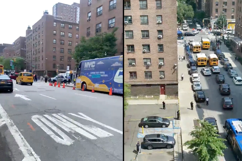 Numerous police officers were seen in the area of 411 West 18 St. in Chelsea on Thursday afternoon following the gunfire. A COVID-19 vaccine bus was reportedly struck