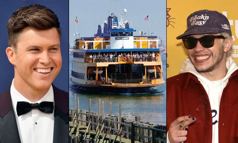 Colin Jost (L), the Staten Island Ferry John F. Kennedy (C) and Pete Davidson (R)