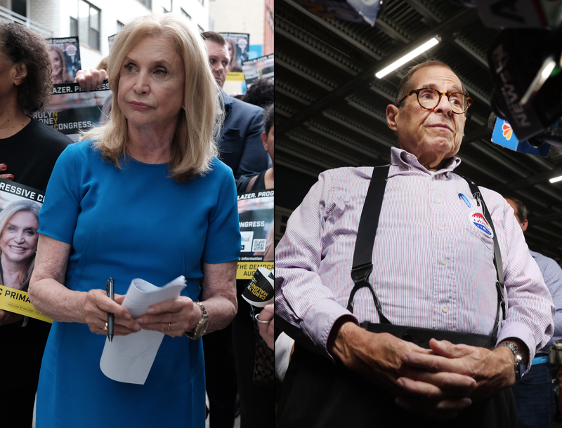 Left: Rep. Carolyn Maloney (D-NY) who has represented New York City's Upper East Side since 1993, speaks to supporters on Aug. 22, 2022. Right: Rep. Jerry Nadler (D-NY) speaks to the media after voting in his Upper West Side district on Aug. 23, 2022