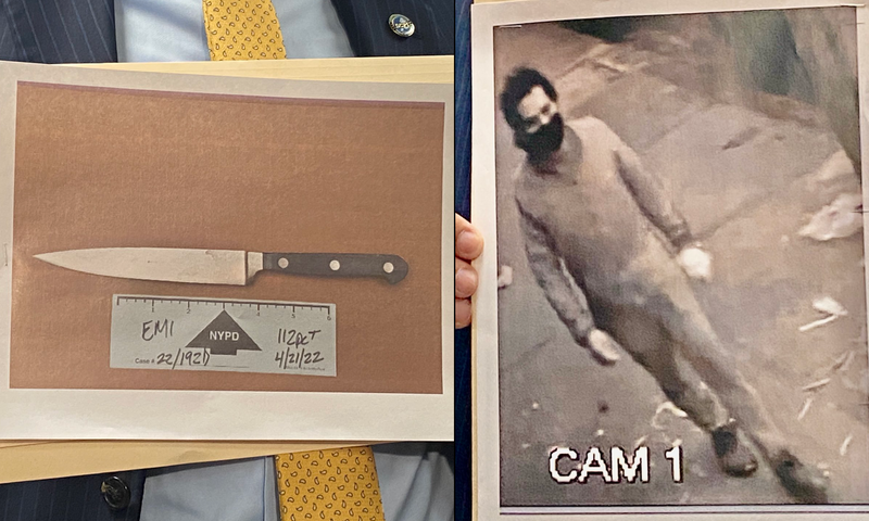 The kitchen knife identified as the murder weapon (right) and the alleged killer, David Bonola, with bandaged hand in surveillance video