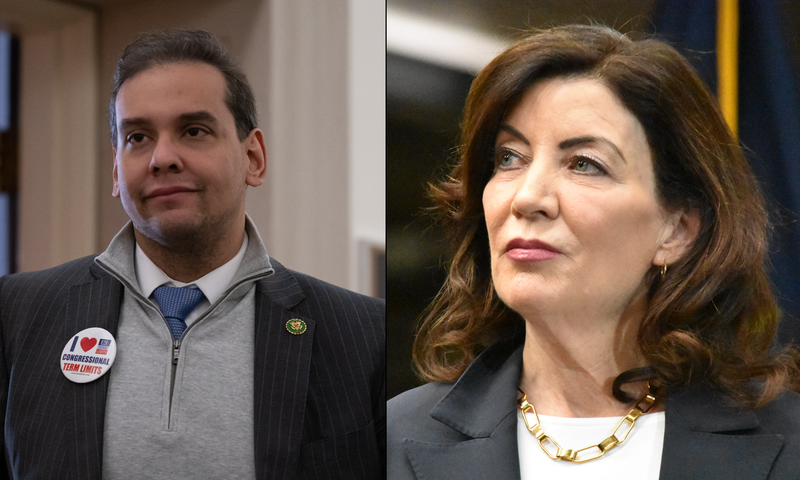 Left: Rep. George Santos, R-NY., is seen in the Longworth House Office Building on Capitol Hill in February. Right: Gov. Kathy Hochul at a subway safety press conference in January