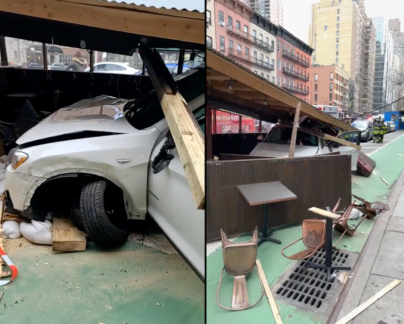 The BMW X4 crashed into an outdoor dining structure outside The Sefton on the Upper East Side Monday evening