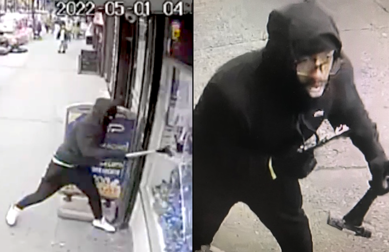 Surveillance video shows a thief smashing a Bronx jewelry store window with a sledgehammer in the spree