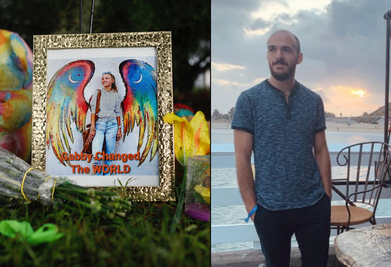 Part of the memorial to Gabby Petito in North Port, Florida, that was removed to make way for a permeant tribute (left). Brian Laundrie (right)