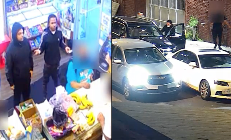 New video released Thursday shows suspects wanted in the Inwood robberies, including the robbery of a man whose Mercedes SUV was stolen at gunpoint (right). The thefts may be linked to a robbery spree in the Bronx and Queens that left an off-duty NYPD officer in a coma
