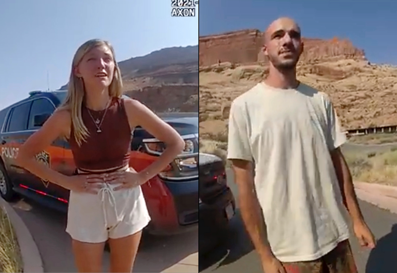 This police camera image provided by The Moab Police Department shows Gabby Petito and Brian Laundrie talking with officers after police pulled over the van they were traveling in near the entrance to Arches National Park on Aug. 12, 2021