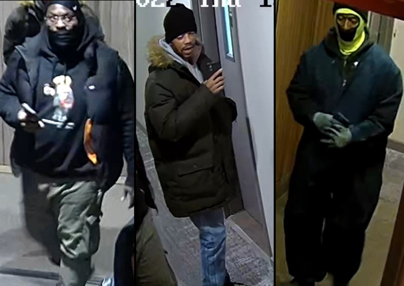 Police are searching for three men who attacked and robbed a woman at gunpoint as she left her Brooklyn apartment on Dec. 22, 2022