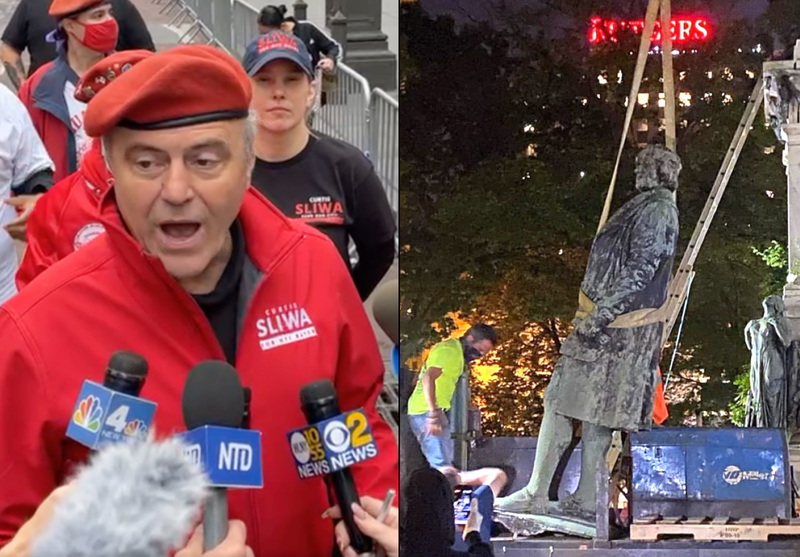 Curtis Sliwa at the Columbus Day Parade on Monday (left). Workers remove a statue of Christopher Columbus from Washington Park in Newark in 2020 (right)