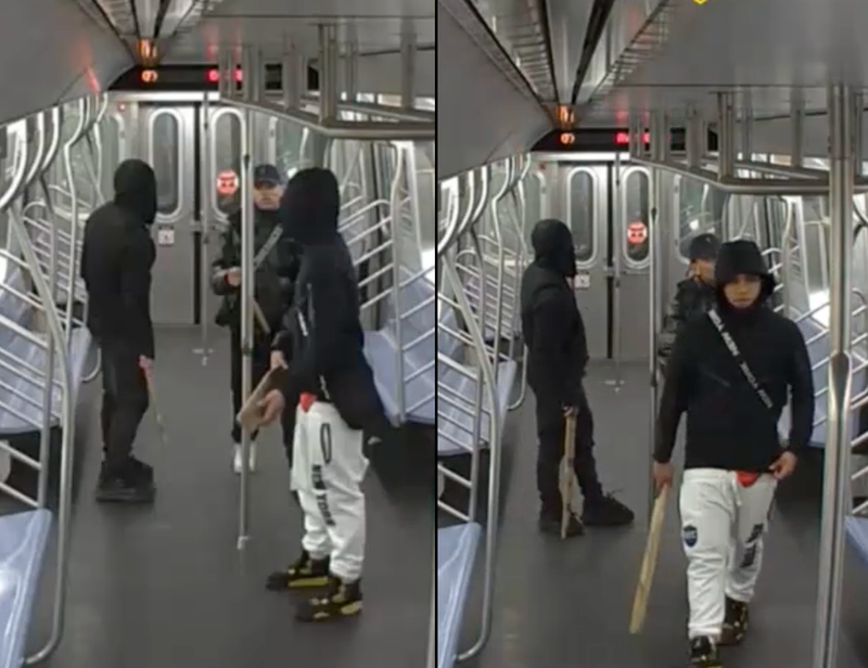 Surveillance video shows the suspects with pieces of lumber aboard the F train