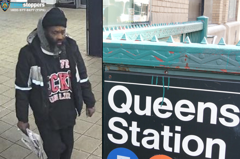 searching for a man who allegedly used a milk crate to beat a subway rider’s face at Queens Plaza in Long Island City on Jan. 28
